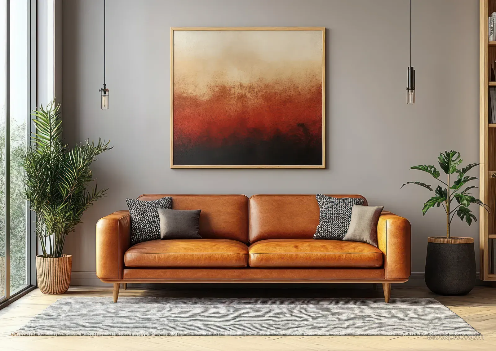 Tan leather sofa sits in a minimalist living room with potted plants, framed wall art, and soft ambient lighting.