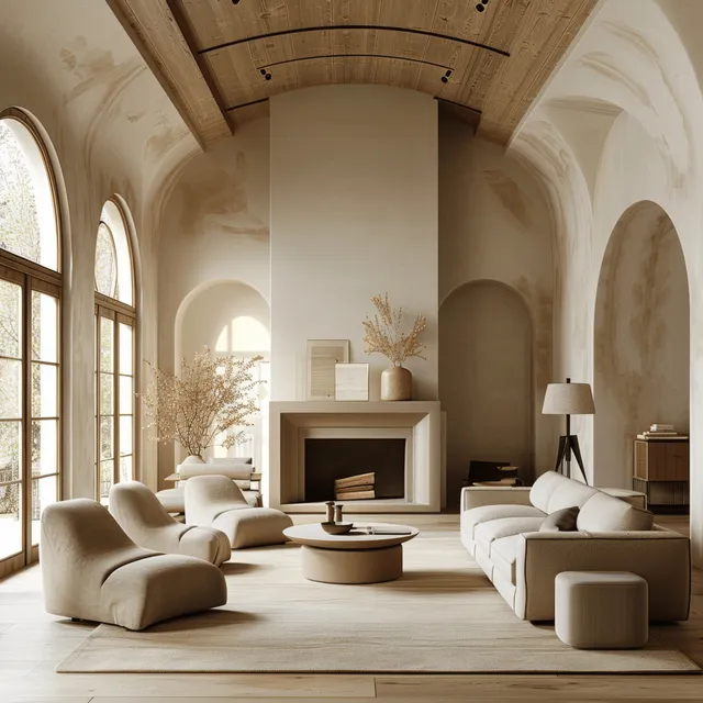 Minimalist living room with arched ceilings, fireplace, beige seating, and sunlight streaming through tall windows.