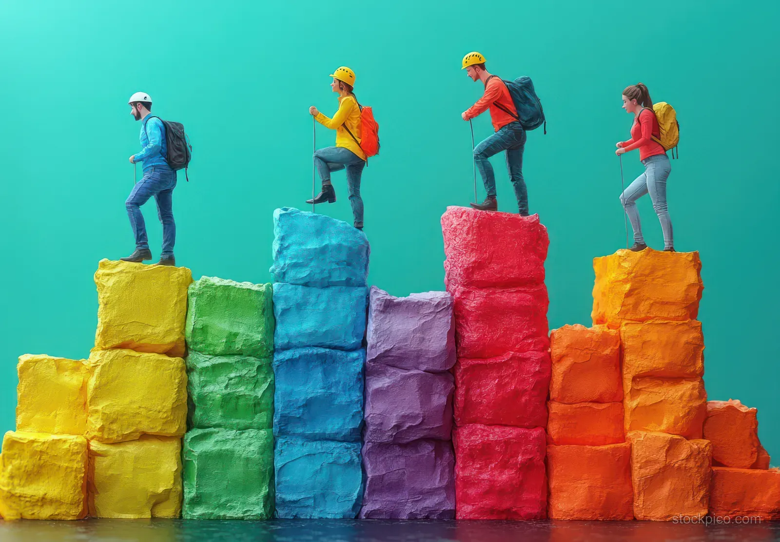 Professionals stand on colorful stacked blocks forming a ladder, climbing upward against a teal background.