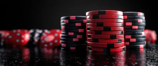 Poker chips stacked on casino table with dramatic spotlight, glossy texture, shallow depth of field