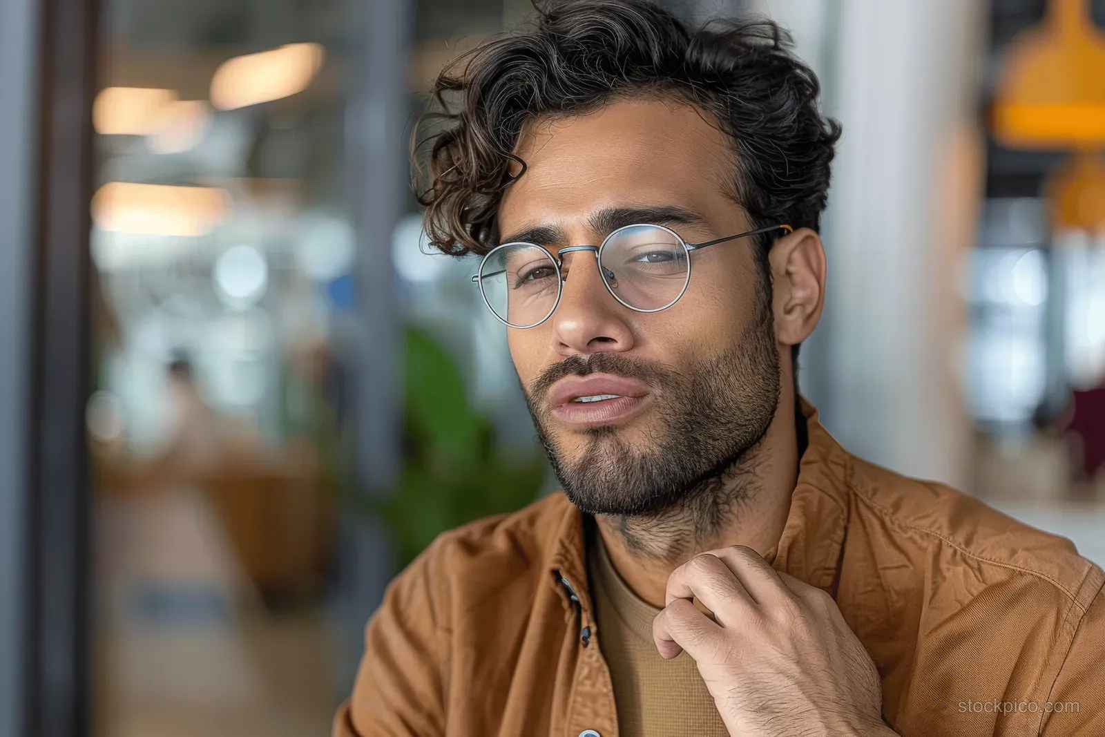A young man holds his chest and coughs in a modern office corridor with a worried expression.