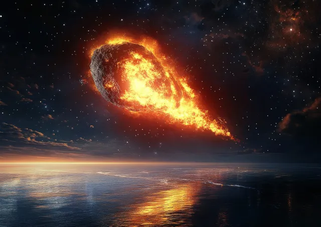 Fiery asteroid streaks toward Earth over ocean, glowing fireball and burning trail