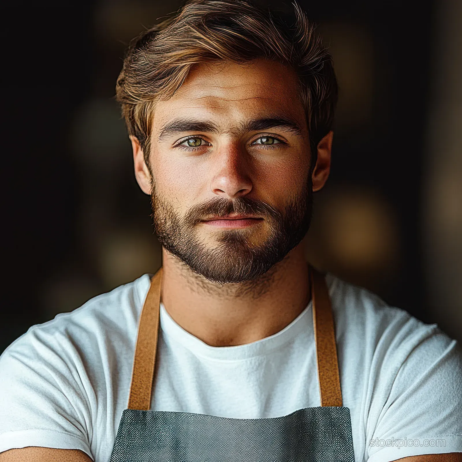 A well-groomed young man in a white shirt and apron gazes calmly at the camera against a neutral background.
