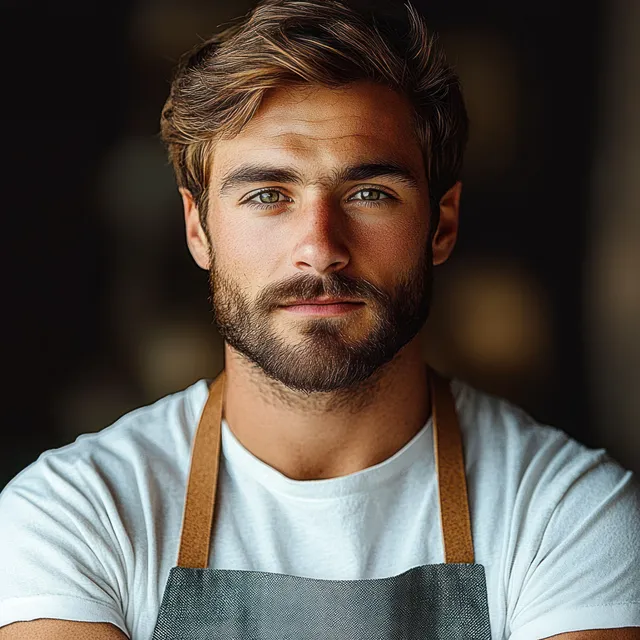 A well-groomed young man in a white shirt and apron gazes calmly at the camera against a neutral background.