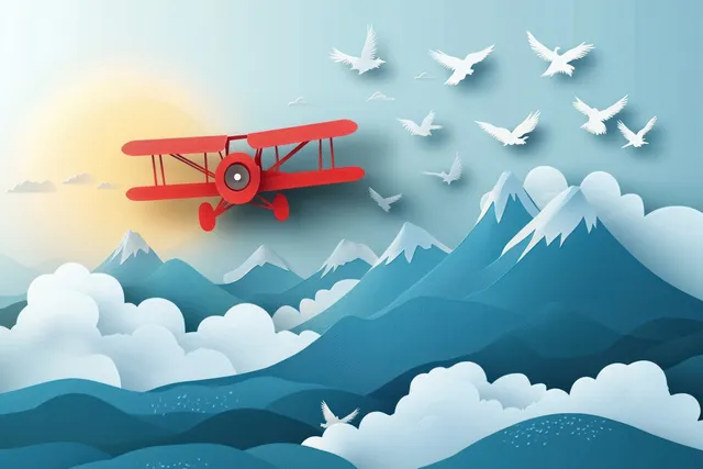 Red biplane glides above fluffy clouds while birds soar over misty mountain peaks