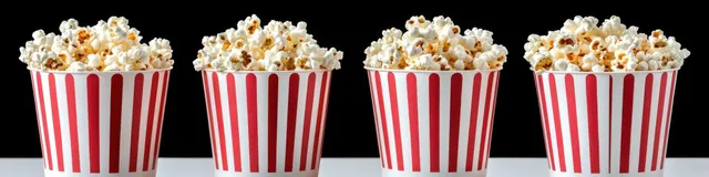 Four red and white striped popcorn buckets filled with freshly popped corn sit against a black background.