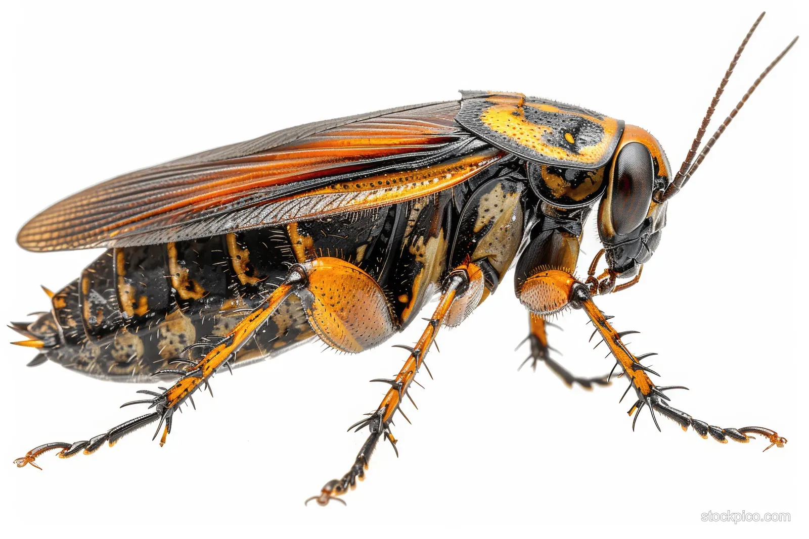 Brown cockroach insect isolated on a white studio background with visible antennae and segmented body.