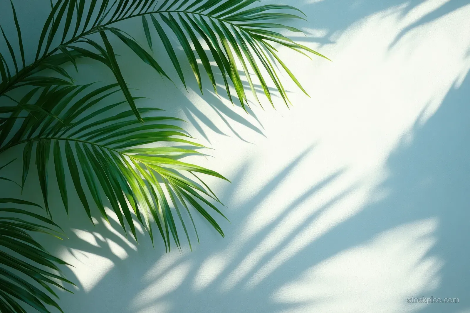 Palm leaves in the corner cast sharp shadows across a white minimalist wall under sunlight.