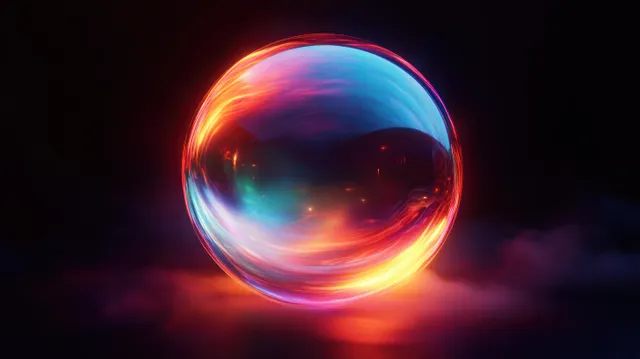 An iridescent neon orb floats above dark mist, reflecting blue, purple, orange, and red light.