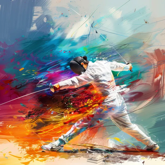 A sabre fencer lunges forward against a colorful abstract background.