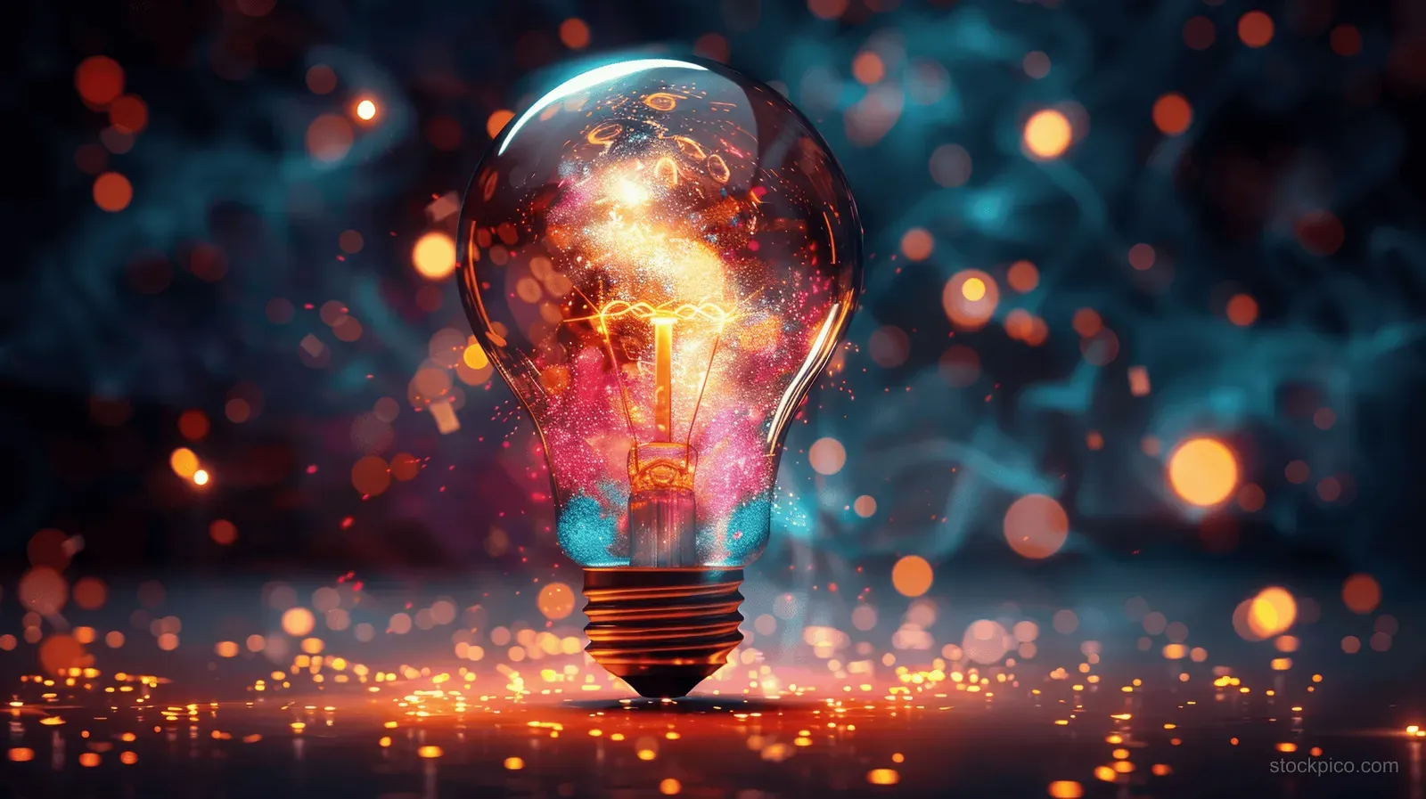 A cracked glowing light bulb bursts with colorful sparks and fragments against a dark bokeh background.