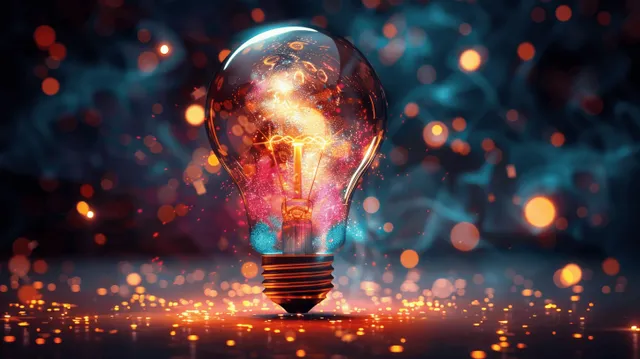 Light bulb shatters into glowing sparks and colorful fragments over dark brainstorming background