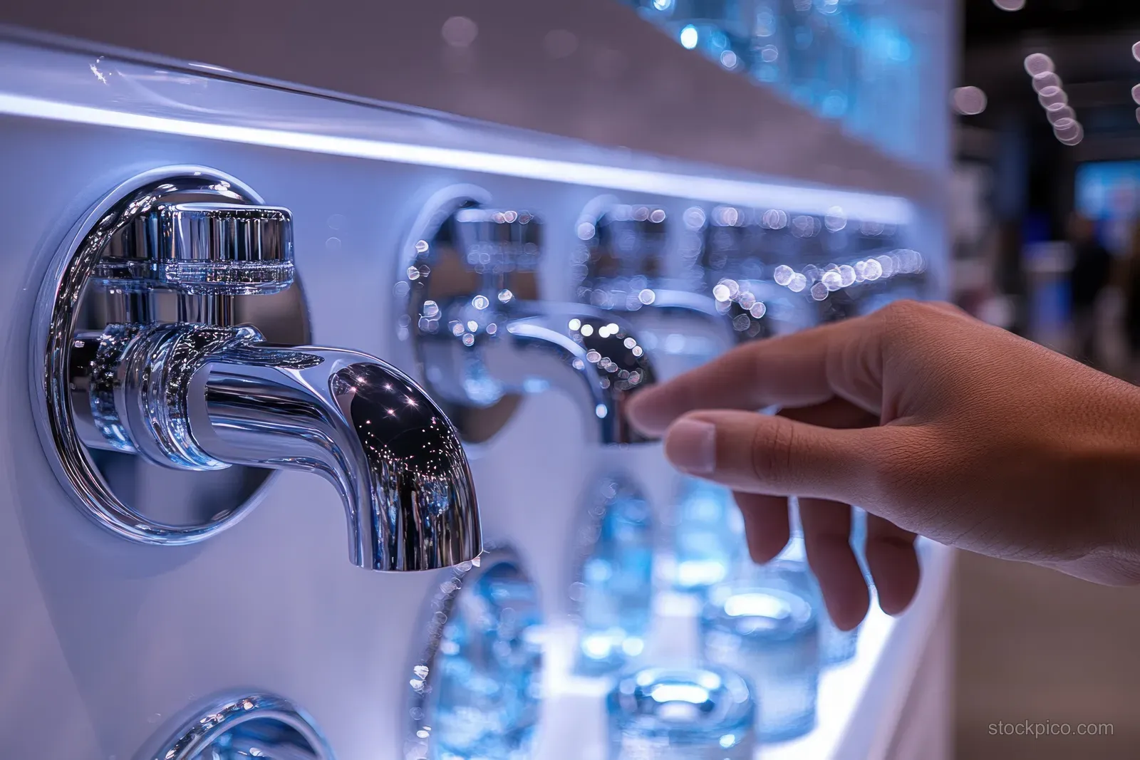 A hand points at an ornate chrome vintage door knob on a hardware store display with other knobs blurred behind.