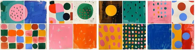 90s geometric pattern collage with colorful blocks, dots, and stripes for kids