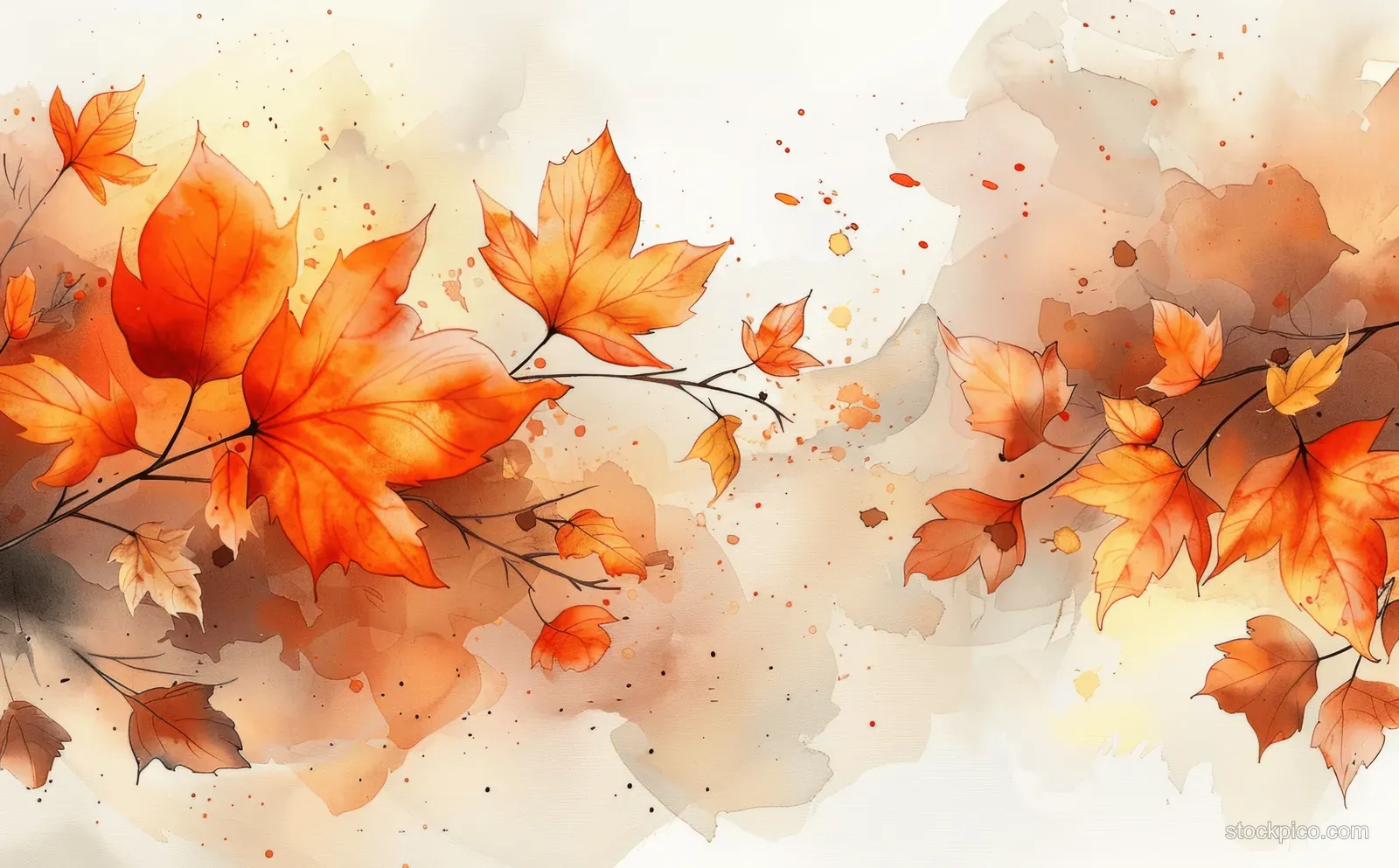 Watercolor autumn leaves in orange and brown float on a warm beige splattered background.