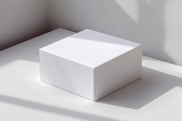 Minimal white rectangular box on smooth surface with soft corner sunlight shadows