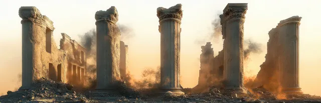 Weathered ancient stone columns and collapsed walls surrounded by dust and smoke at sunset.