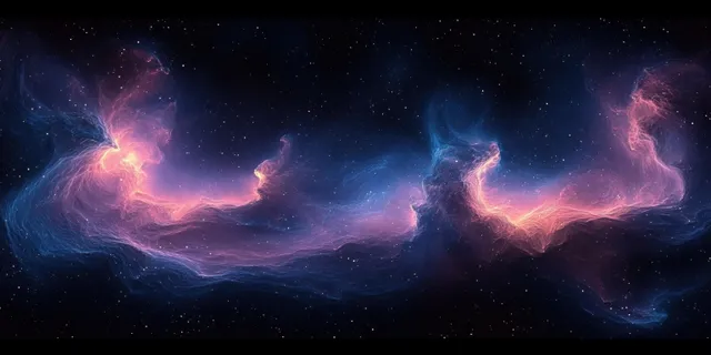 Panoramic deep-space nebula with swirling pink-blue gas clouds glowing around a starry horizon.