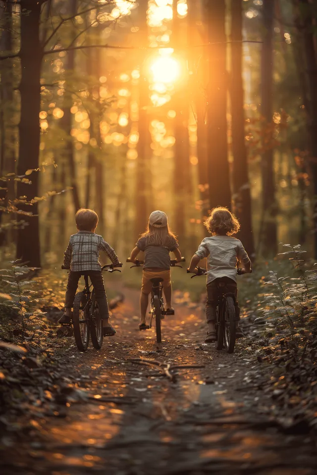 Three children ride bicycles down a forest path as sunset sunbeams shine through tall trees.