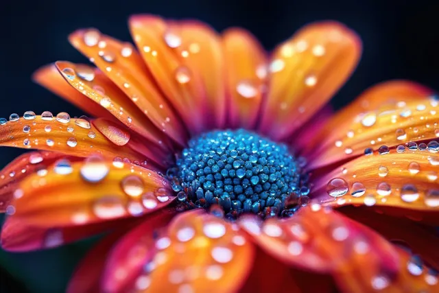 Macro orange and pink flower petals covered with dew droplets surrounding a detailed blue textured center.