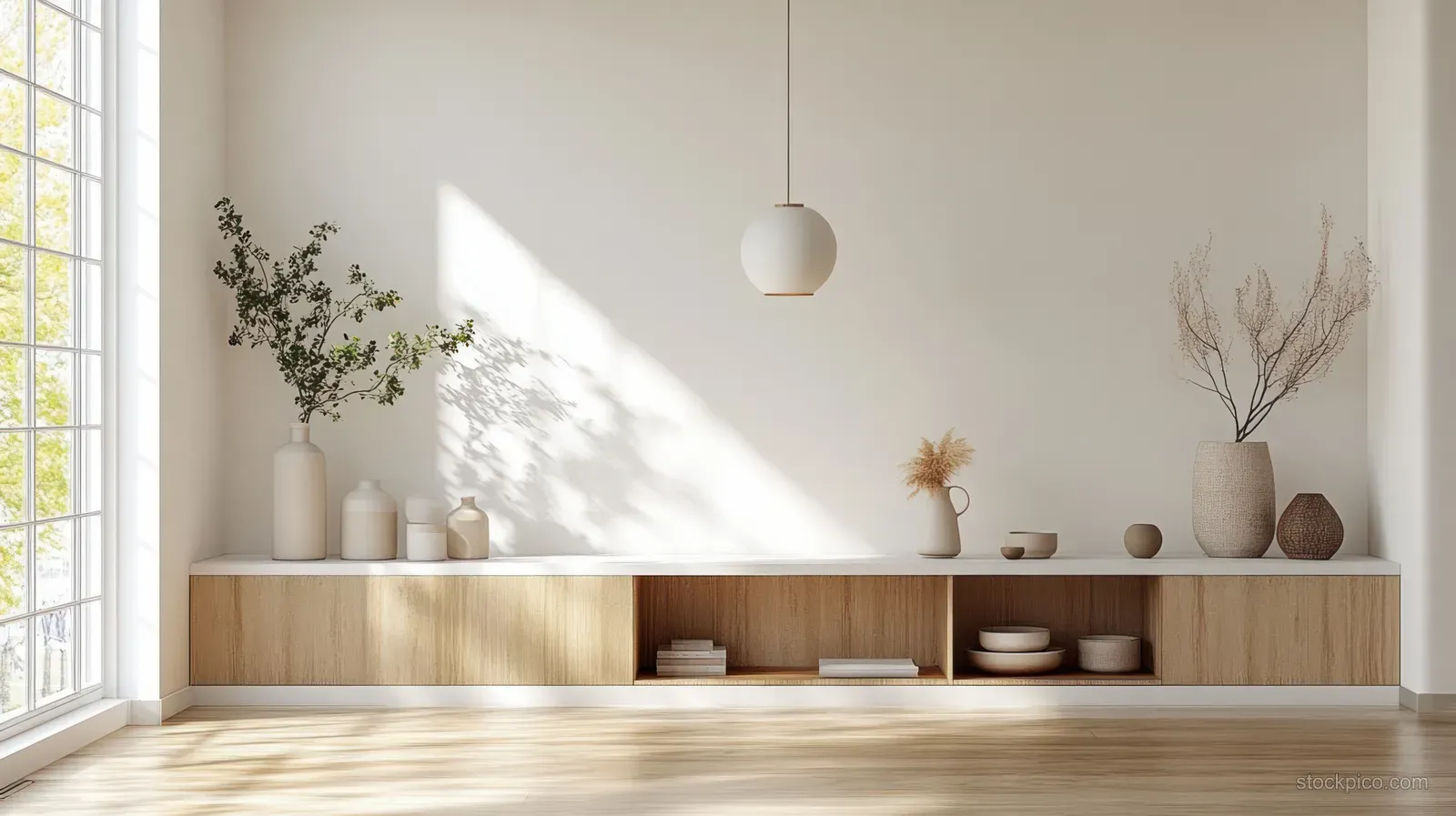 A Scandinavian minimalist living room with a pendant lamp, white wall, and wooden console holding small vases and decor.