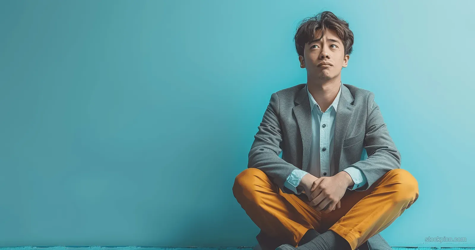A young businessman in a gray suit sits on the floor with slumped posture and anxious expression against a blue background.