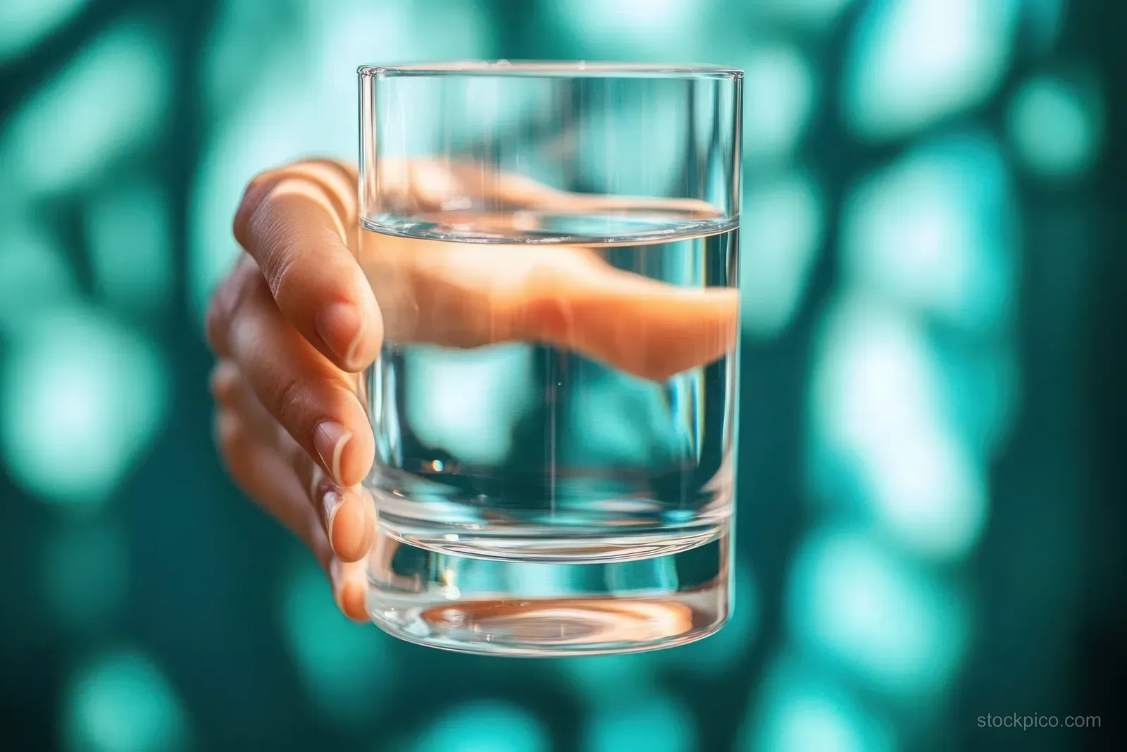 A hand holds a clear glass of still water against a softly blurred teal background with light reflections.