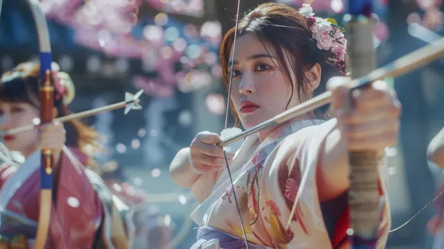 Archers in Japan draw bows at a spring sakura festival, aiming toward targets