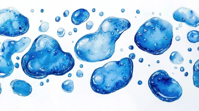 Blue water droplets of various sizes scattered on a white background with glossy reflections.
