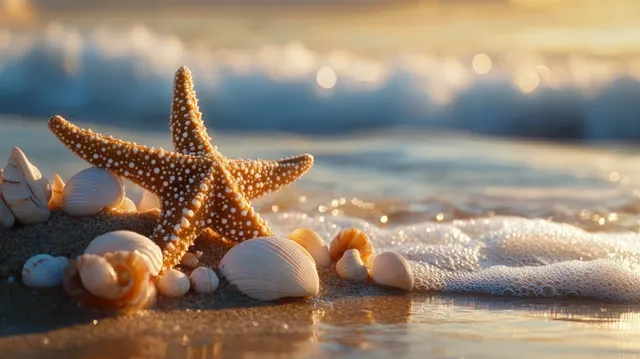 Seashell starfish Christmas tree sits on wet sand as waves roll in during sunset.