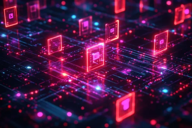 Neon circuit panels float over a glowing grid with blue and red connected signal lines and light pulses.