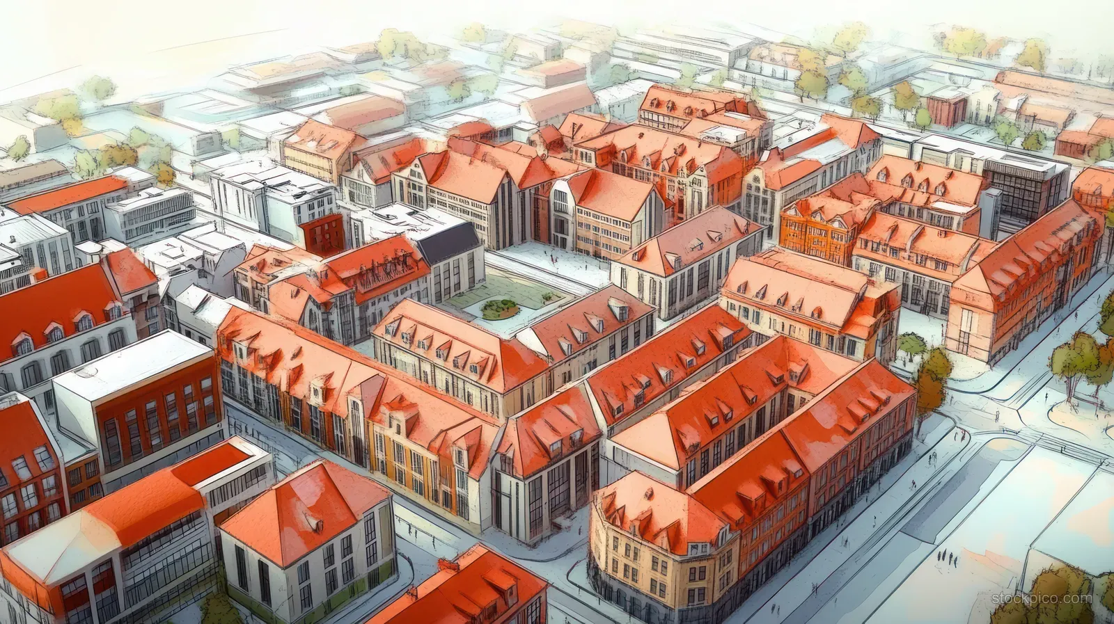 Isometric city blueprint map shows blocks of red-roof buildings, roads, and transit routes under soft light.