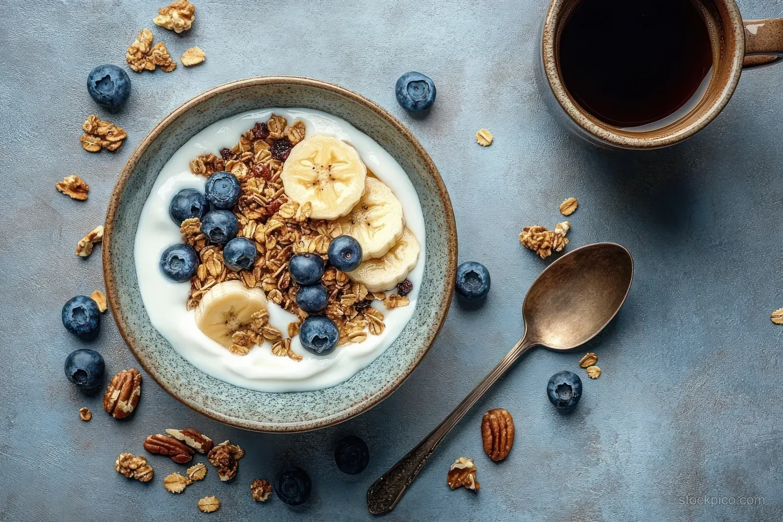 Creamy yogurt bowl with granola, blueberries, and banana, with a spoon and cup of black coffee on blue texture.