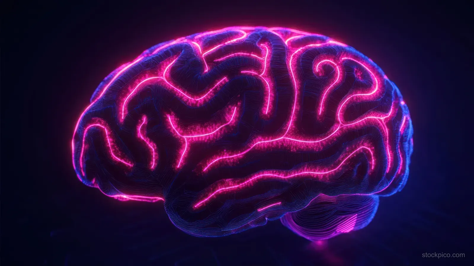Neon pink and purple digital brain with glowing neural pathways on a dark background.