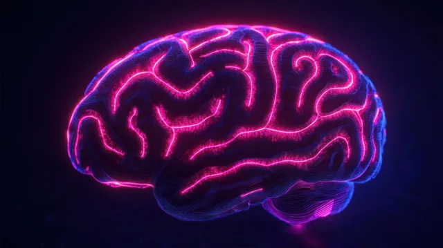 Neon pink and purple digital brain with glowing neural pathways on a dark background.