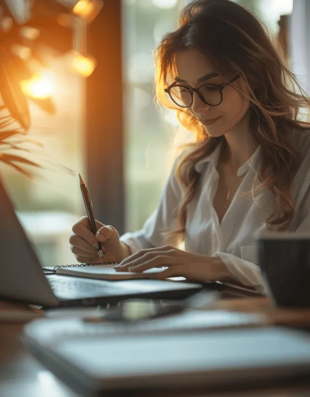 Woman writing language notes beside laptop during an online course session at desk