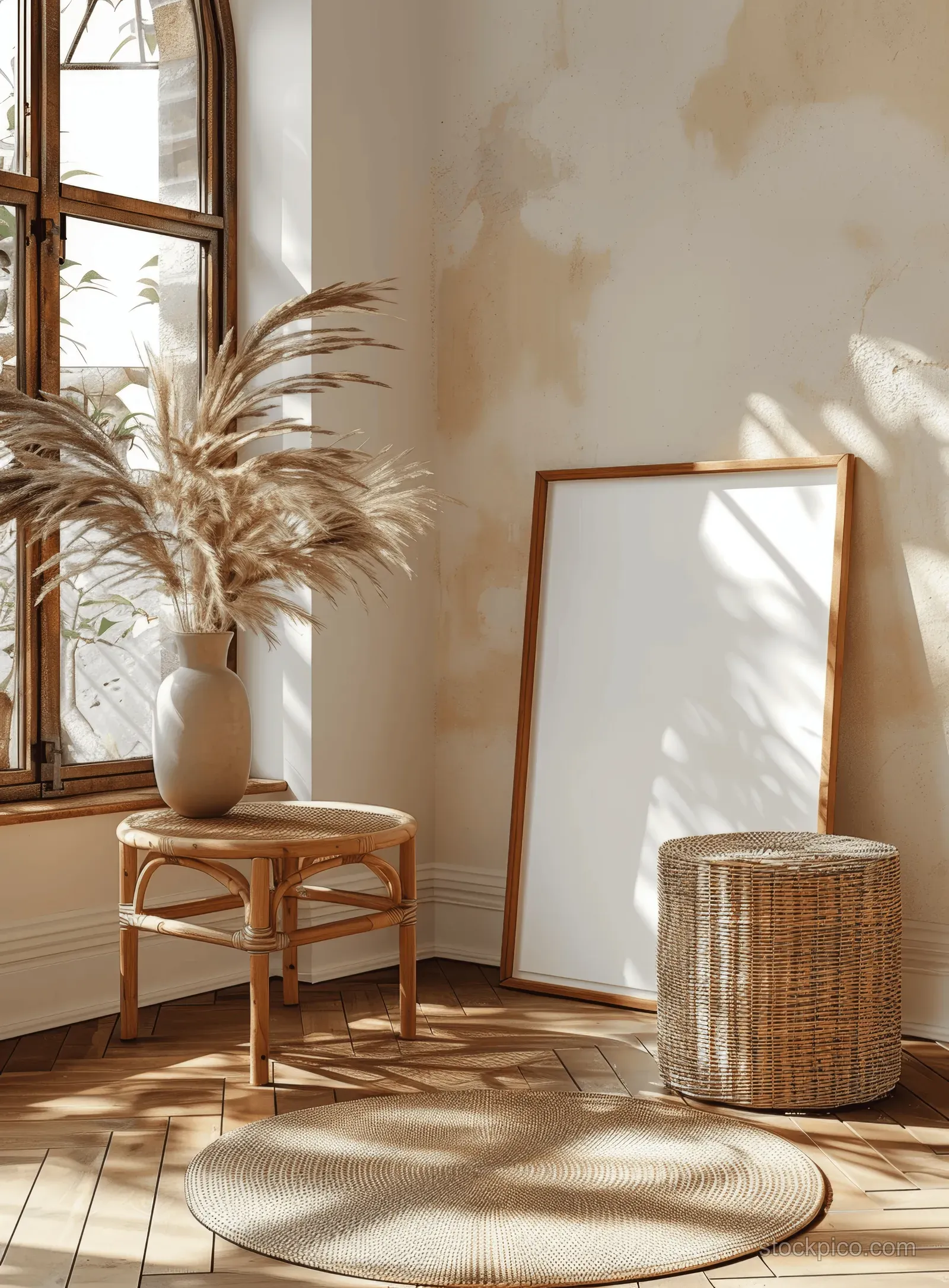 Sunlit bohemian living room corner with a blank wooden poster frame on the wall and a wicker side table nearby.