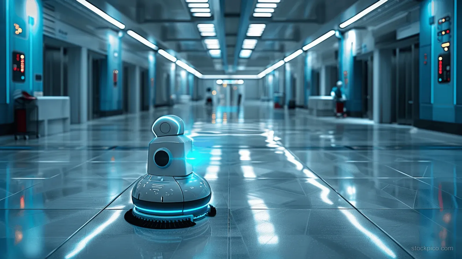 A cleaning robot travels down a bright blue hospital corridor with reflective floor panels.