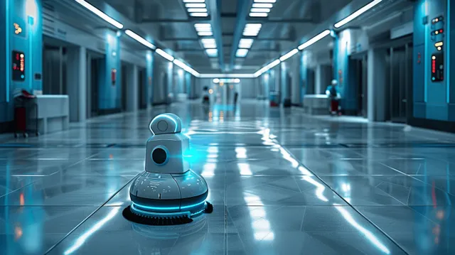 Autonomous cleaning robot in bright blue hospital corridor with reflections