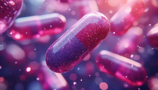 A glowing red and purple capsule floats in a blurred medical science background with light bokeh.