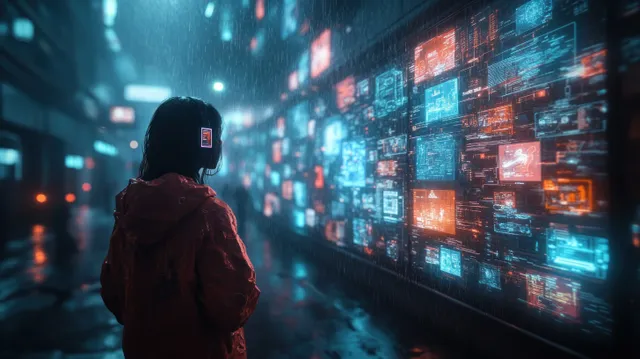 A person faces holographic neon data screens in a dark futuristic tunnel with glowing network panels.