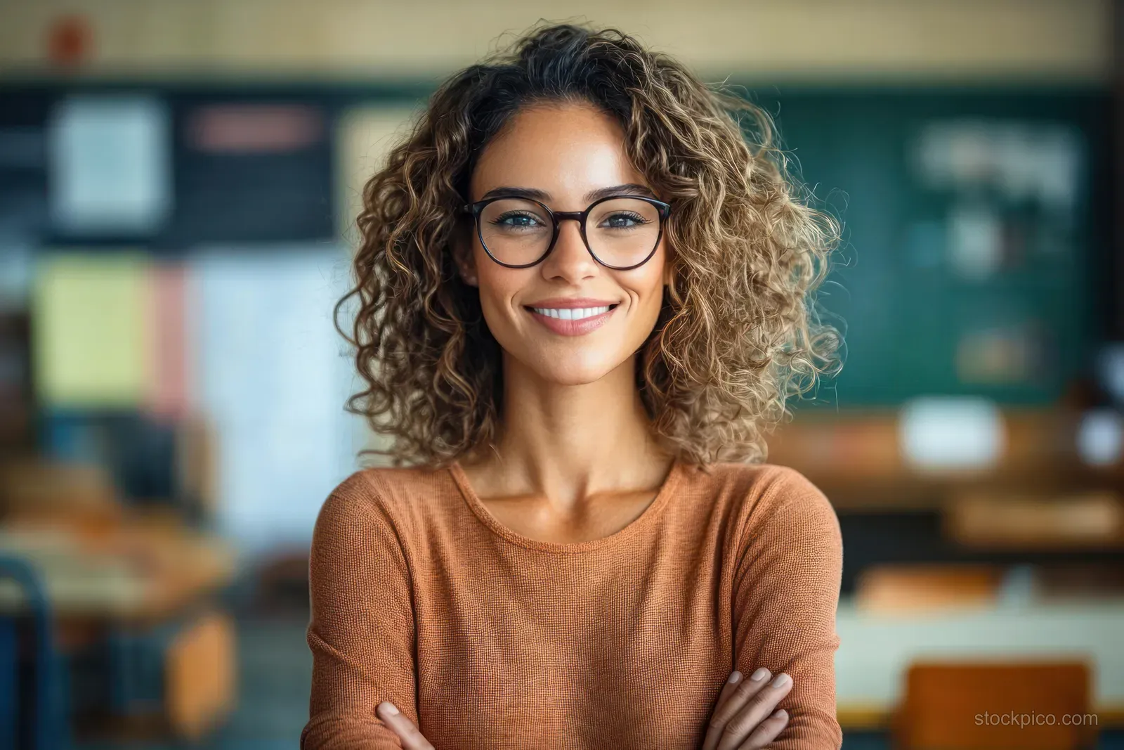 Smiling young woman with curly hair and glasses stands with arms crossed in a classroom.