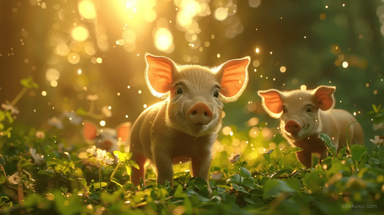 Two piglets run through sunlit green forest grass with golden glowing bokeh among leaves.