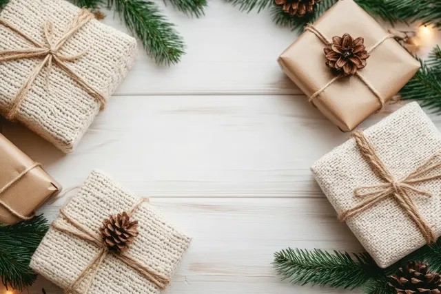 Wrapped Christmas gifts are arranged on a rustic white wooden table with knitted blanket and pine branches.