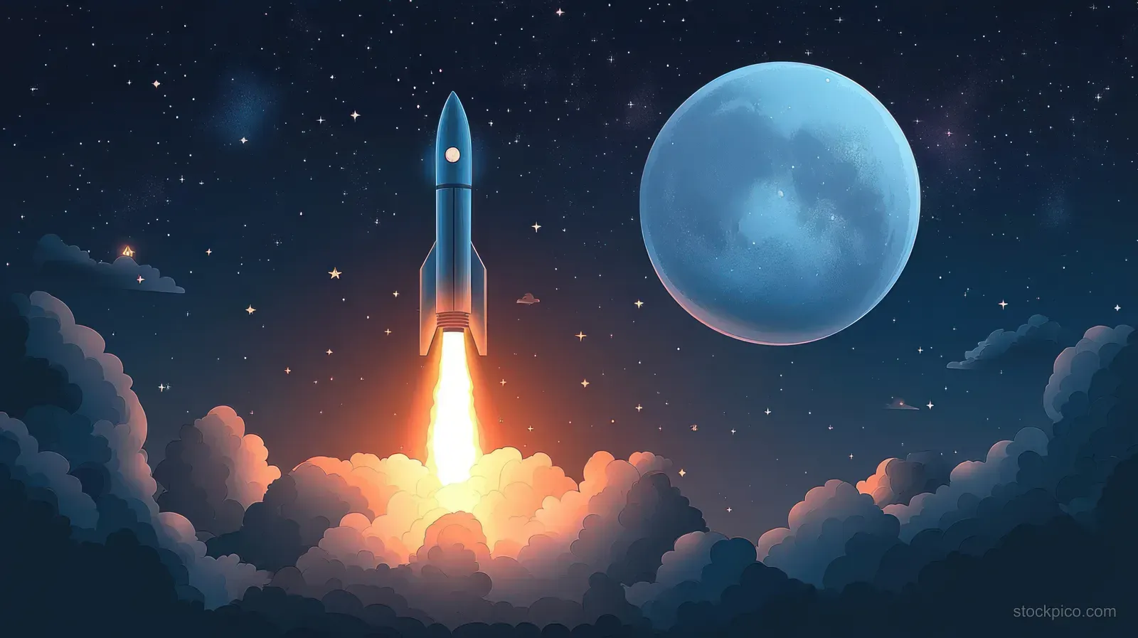 A rocket launches from clouds into a starry night sky beside a large glowing moon.