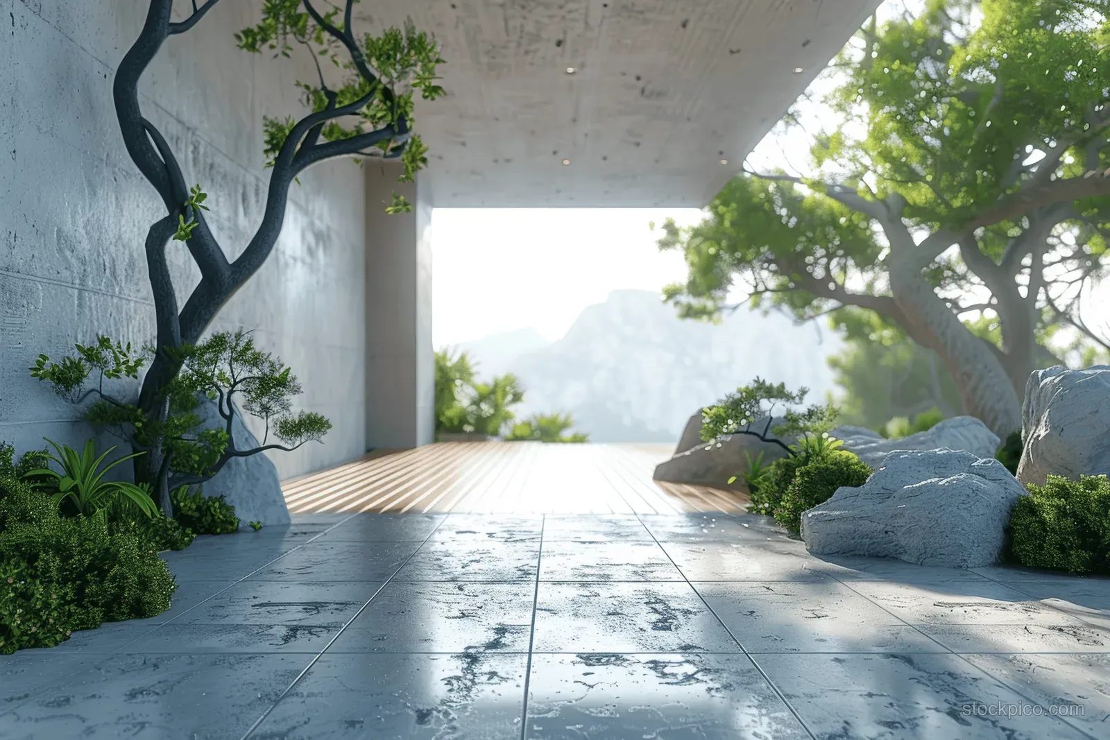 Sunlit terrace beside a large empty concrete wall with potted plants, wooden surfaces, and outdoor seating.