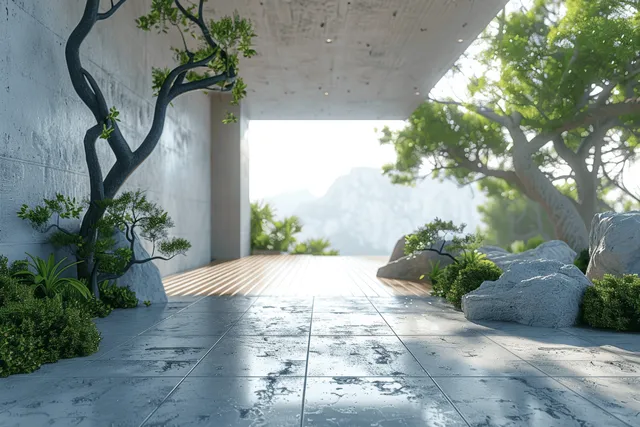 Sunlit terrace beside a large empty concrete wall with potted plants, wooden surfaces, and outdoor seating.