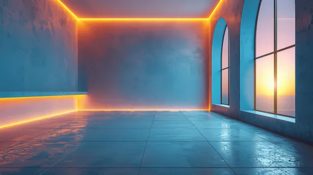 An empty light blue 3D room with smooth tiled floor and glowing orange neon light edges by tall windows.