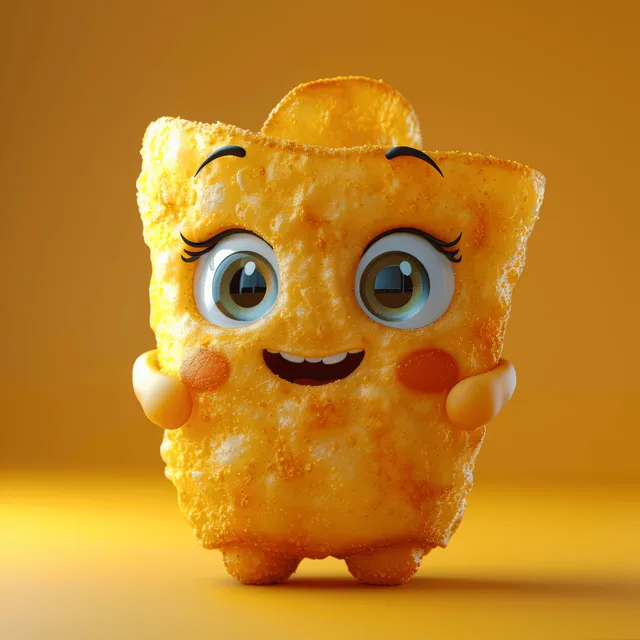 A 3D cartoon potato chip mascot with big happy eyes stands on a bright yellow background.