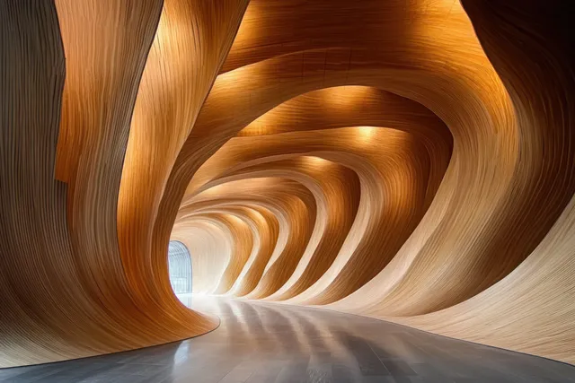 Warm-lit curved wooden interior tunnel with repeating wave patterns and deep vanishing perspective.